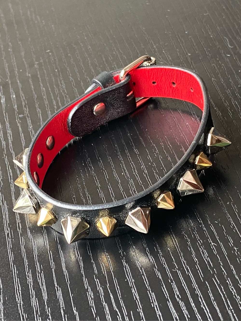 Christian Louboutin Black & Red Studded Leather Bracelet